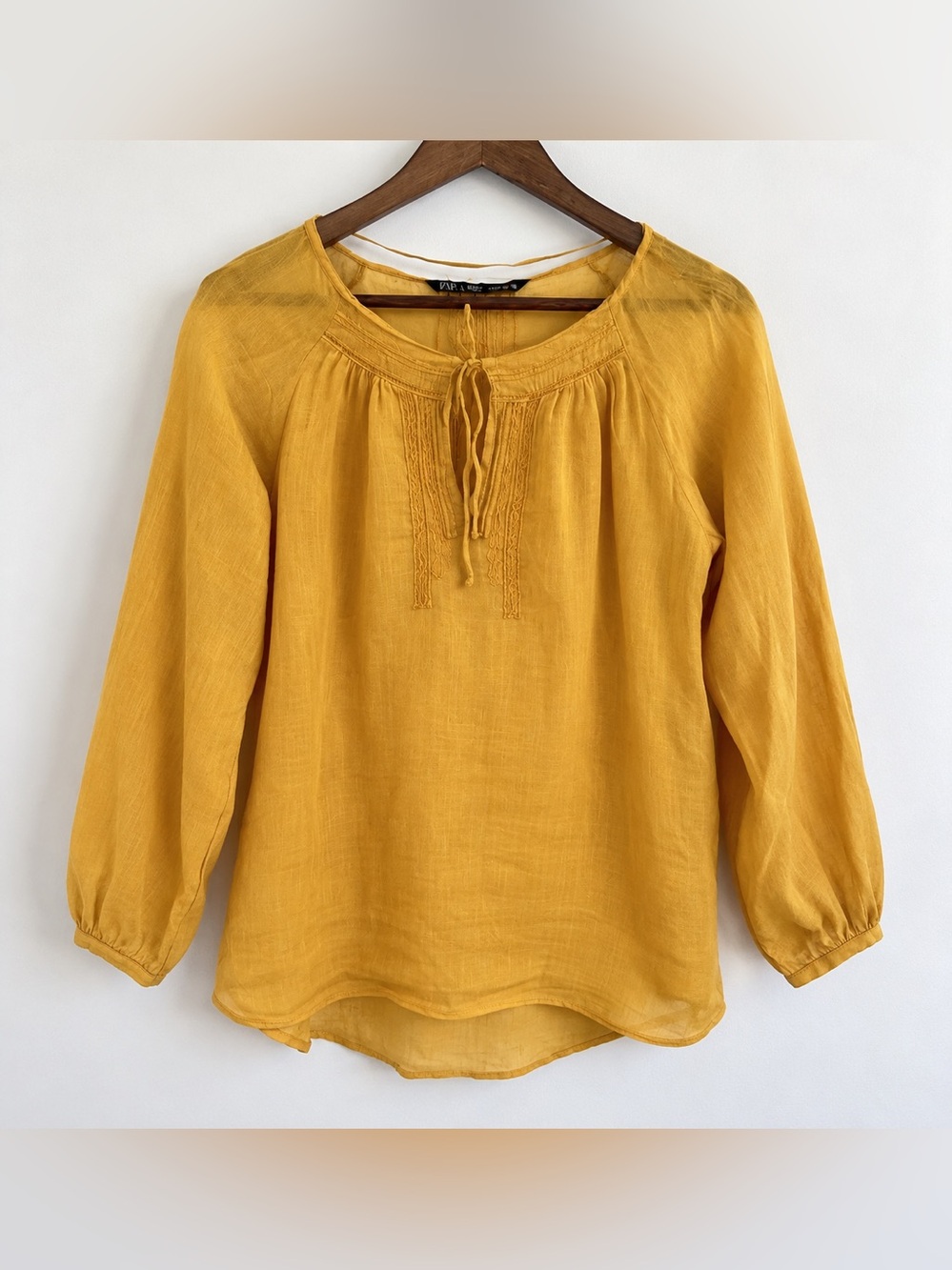 Zara Mustard Yellow Ramie Cotton Embroidered Boho Blouse S